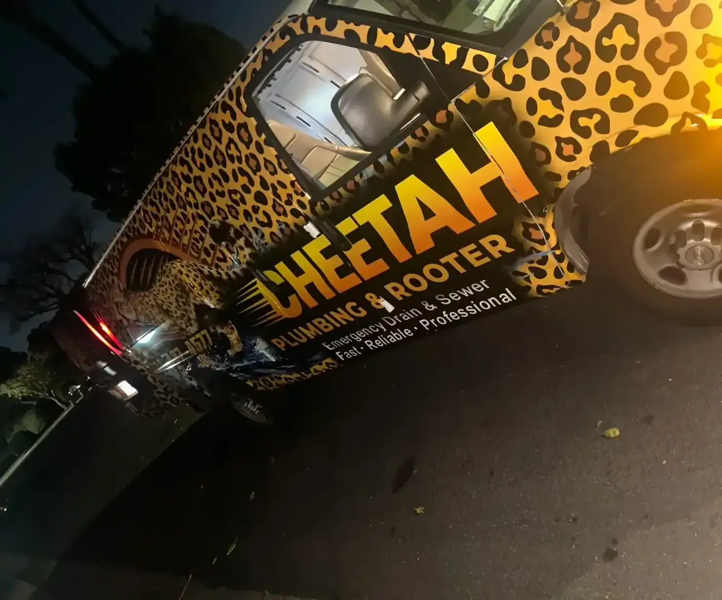 Cheetah Plumbing emergency van on a 24/7 night call